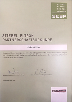 Partnerschaftsurkunde Stiebel Eltron - Elektro Kälber